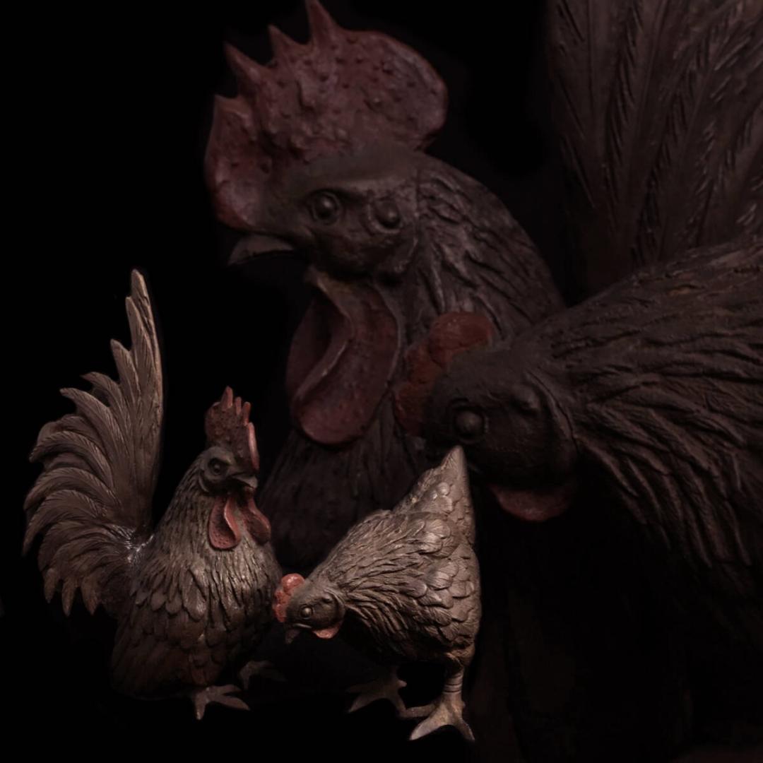 古銅 双鶏 親子鶏像 共箱 銅製 一対 ブロンズ オブジェ 細密彫刻 BE976