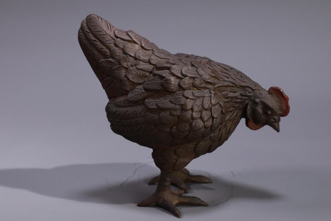 古銅 双鶏 親子鶏像 共箱 銅製 一対 ブロンズ オブジェ 細密彫刻 BE976