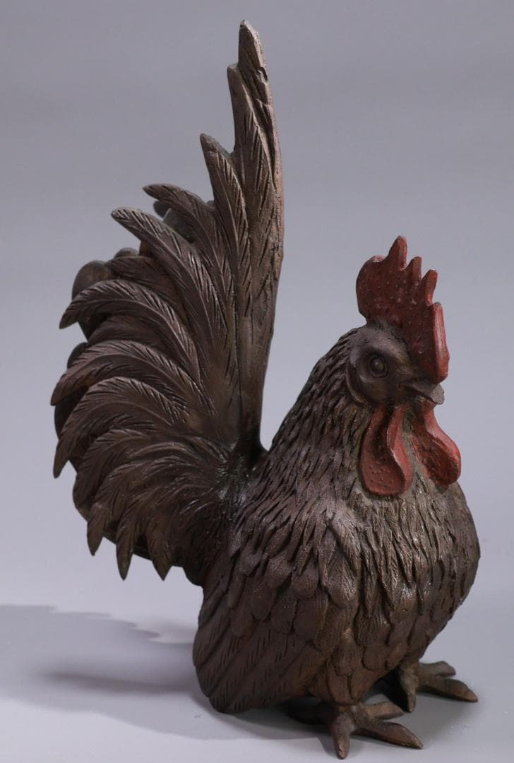 古銅 双鶏 親子鶏像 共箱 銅製 一対 ブロンズ オブジェ 細密彫刻 BE976