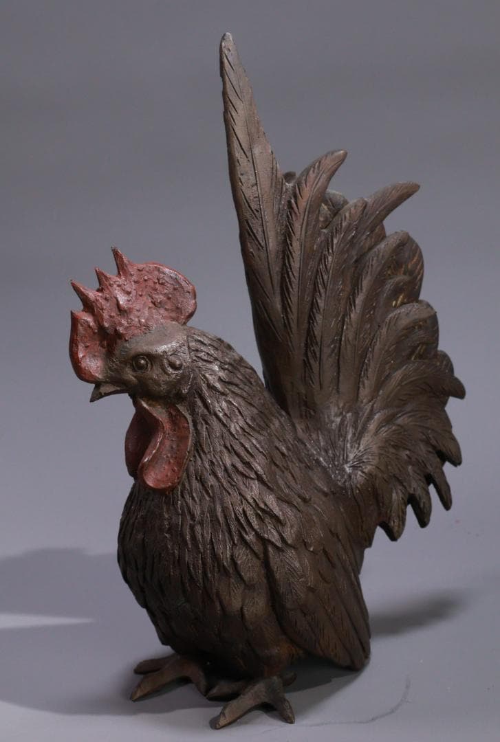 古銅 双鶏 親子鶏像 共箱 銅製 一対 ブロンズ オブジェ 細密彫刻 BE976