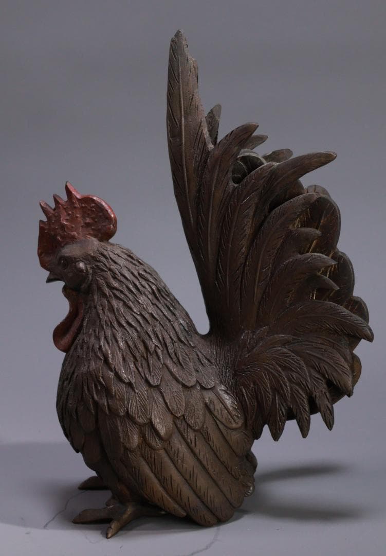 古銅 双鶏 親子鶏像 共箱 銅製 一対 ブロンズ オブジェ 細密彫刻 BE976