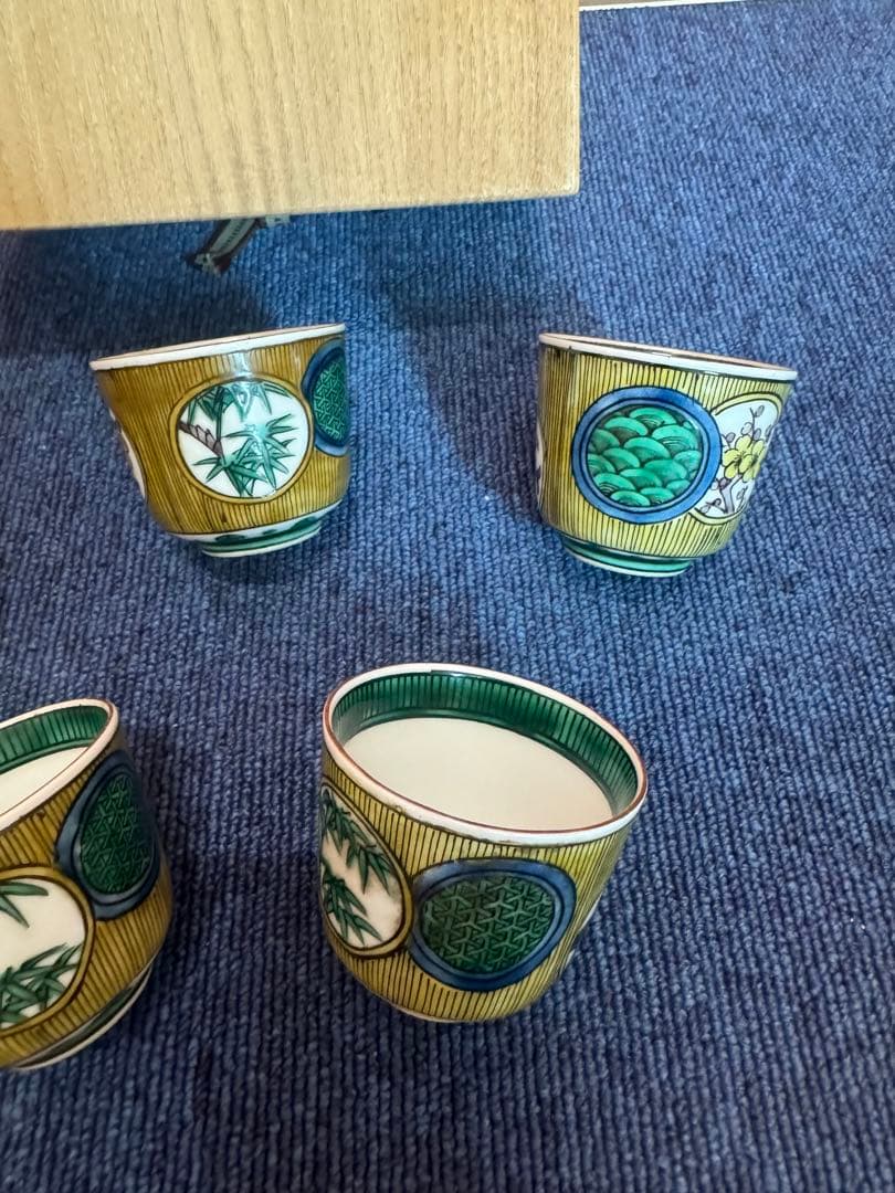 1572 九谷焼　角福　松竹梅文　青手煎茶碗　5客　時代物