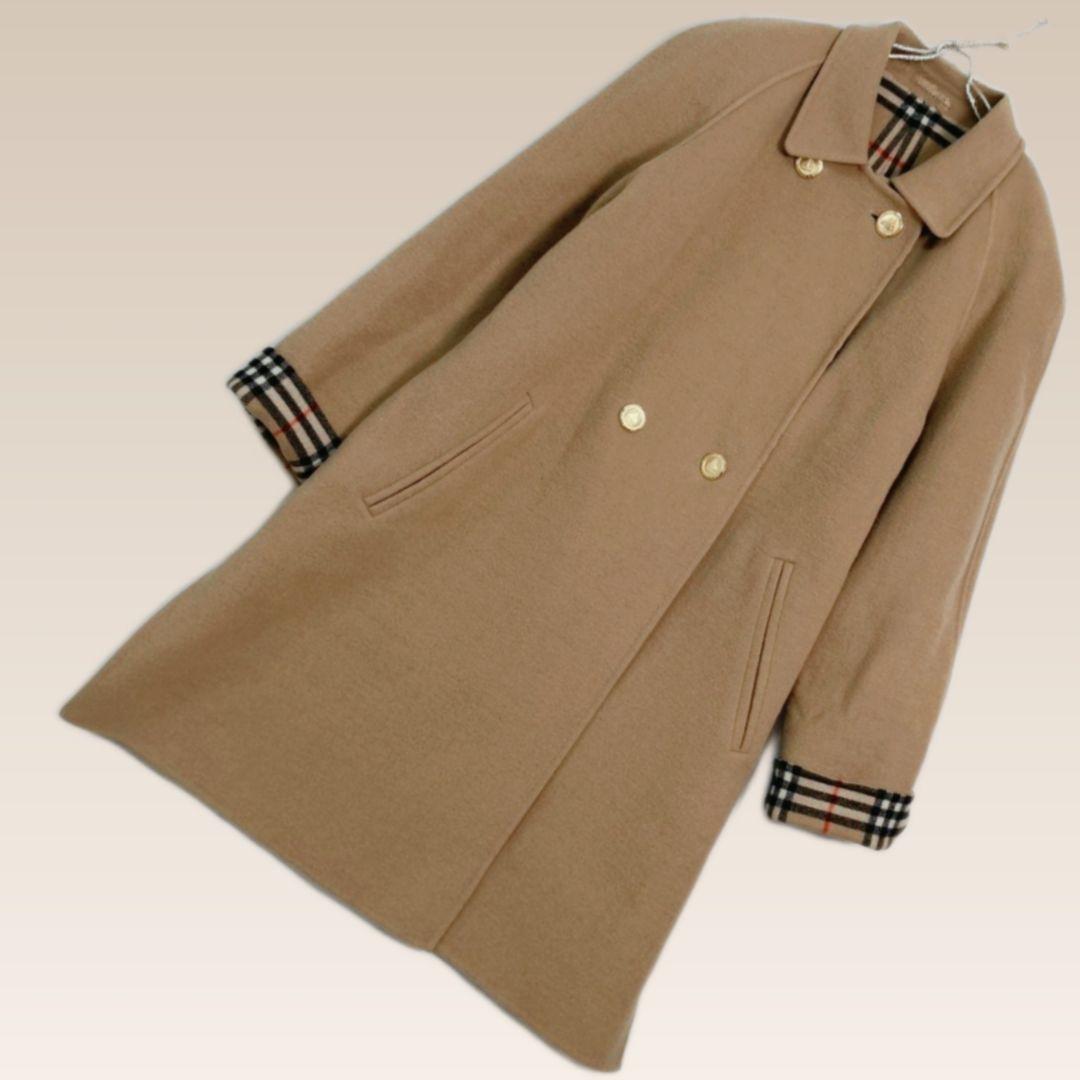 バーバリー カシミヤ混 ダブルフェイスコート ノバチェック ベージュ　金ボタン