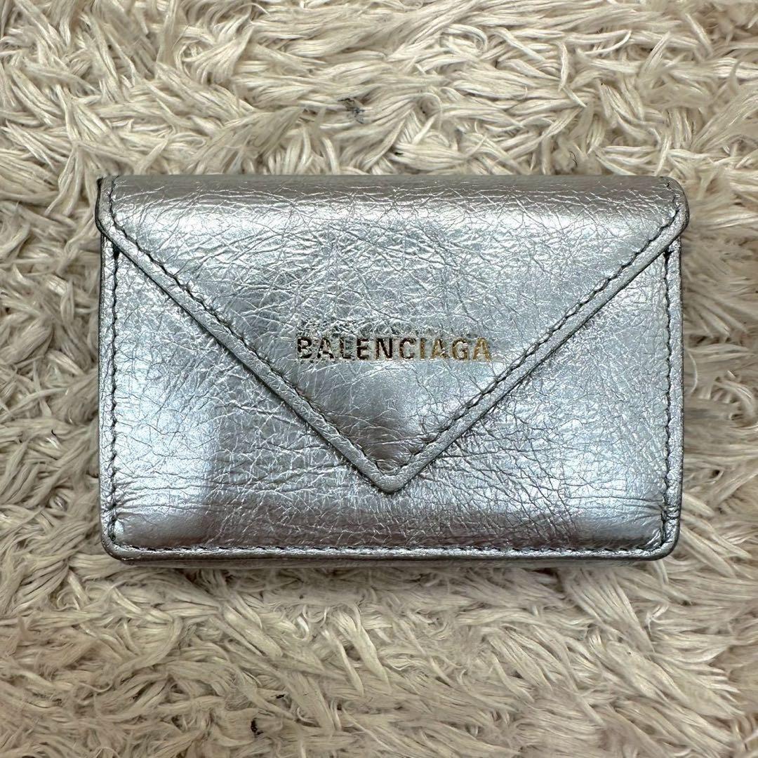 【美品】バレンシアガ 三つ折財布 シルバー ペーパーミニウォレット ユニセックス