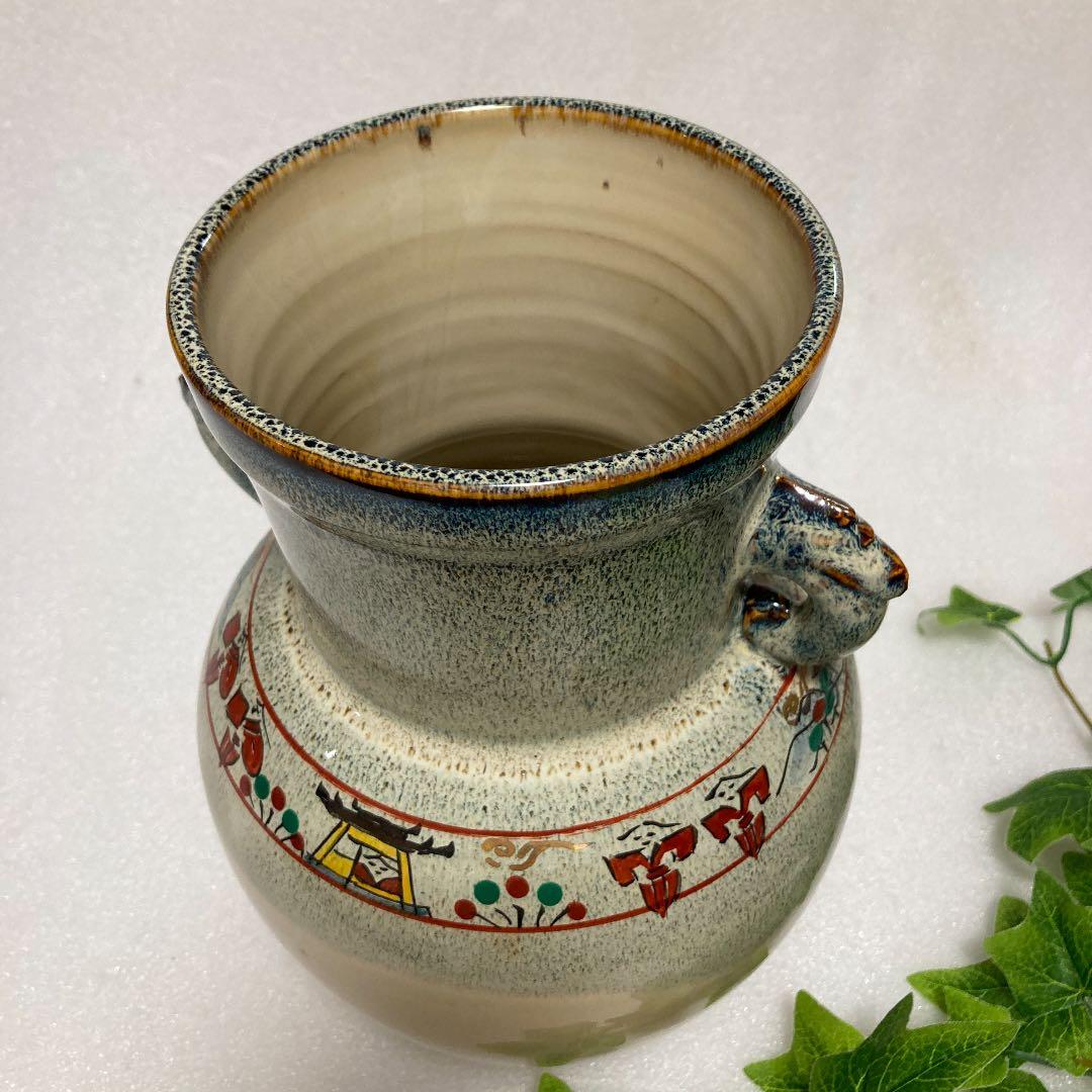 新品　奈良赤膚焼　赤膚山　大塩玉泉　奈良絵　耳付花瓶　壺　花生け　花入　遠州七窯