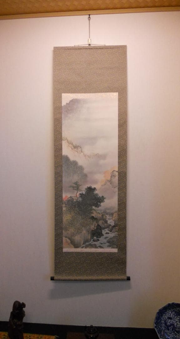掛け軸 寺崎廣業 作 渓間の秋 絹本 名品 複製 希少 軸装 茶道具 掛軸 美品