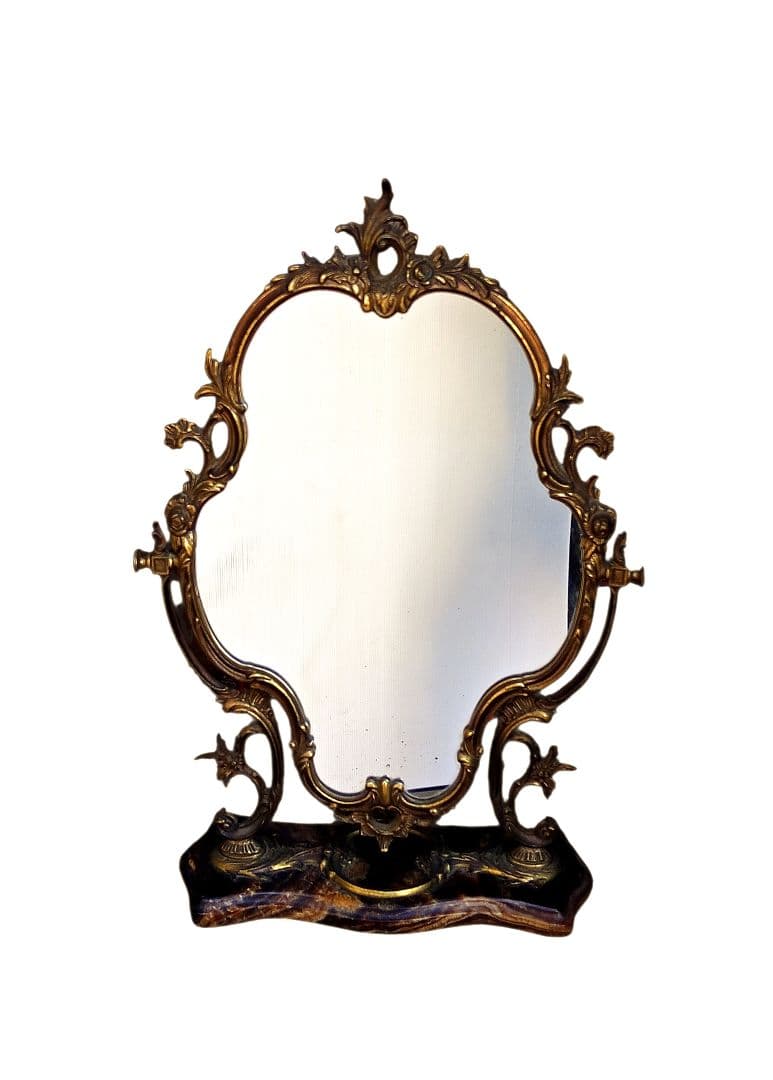 【アンティーク】大理石台 真鍮製 化粧鏡