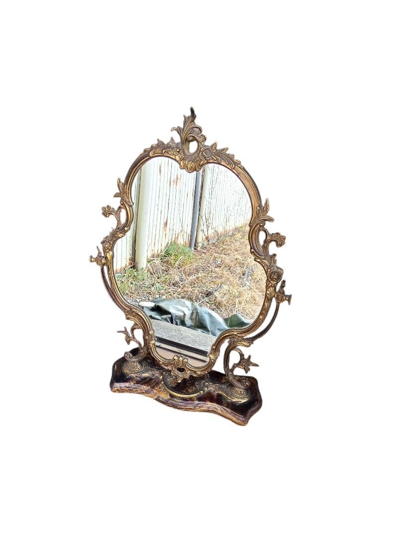 【アンティーク】大理石台 真鍮製 化粧鏡