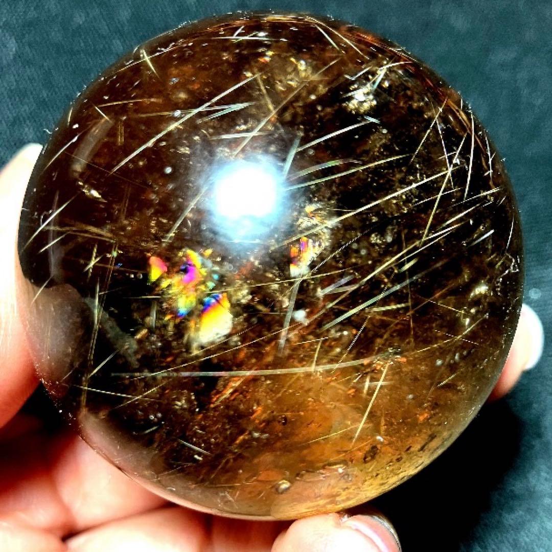 50mm 虹入ゴールドルチルクォーツ　丸玉　スフィア　金針水晶