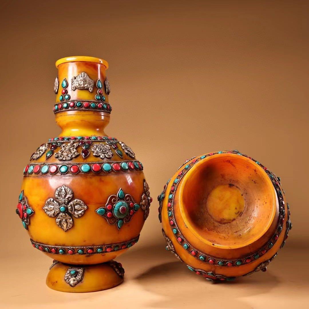 中国古美術・チベット収· 老蜜蝋純手作り・宝石掐糸多宝花瓶一対・蔵伝工芸・文房具