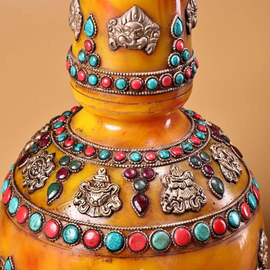 中国古美術・チベット収· 老蜜蝋純手作り・宝石掐糸多宝花瓶一対・蔵伝工芸・文房具