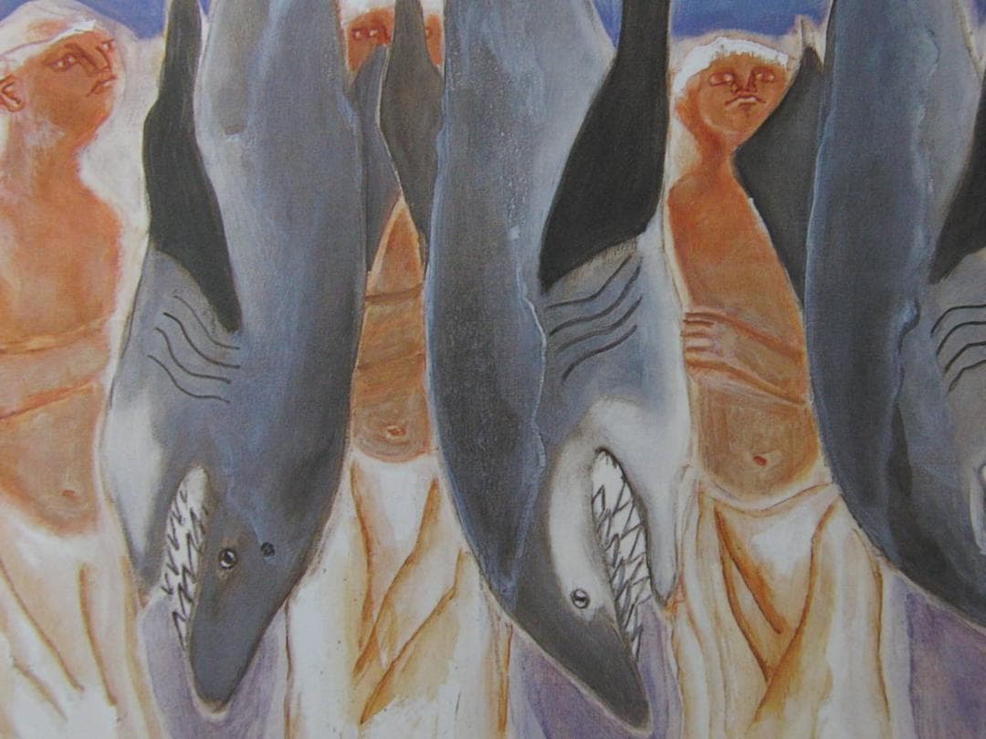 三吉雅、【魚と人】、希少な額装用画集より、新品額装付