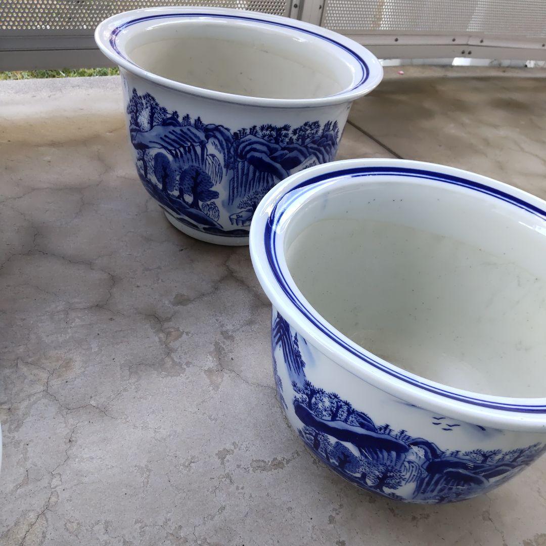 青と白の山水画 陶器植木鉢 6個セット