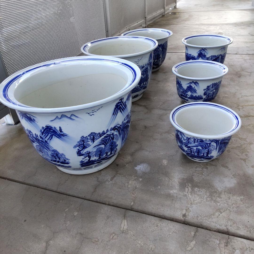 青と白の山水画 陶器植木鉢 6個セット