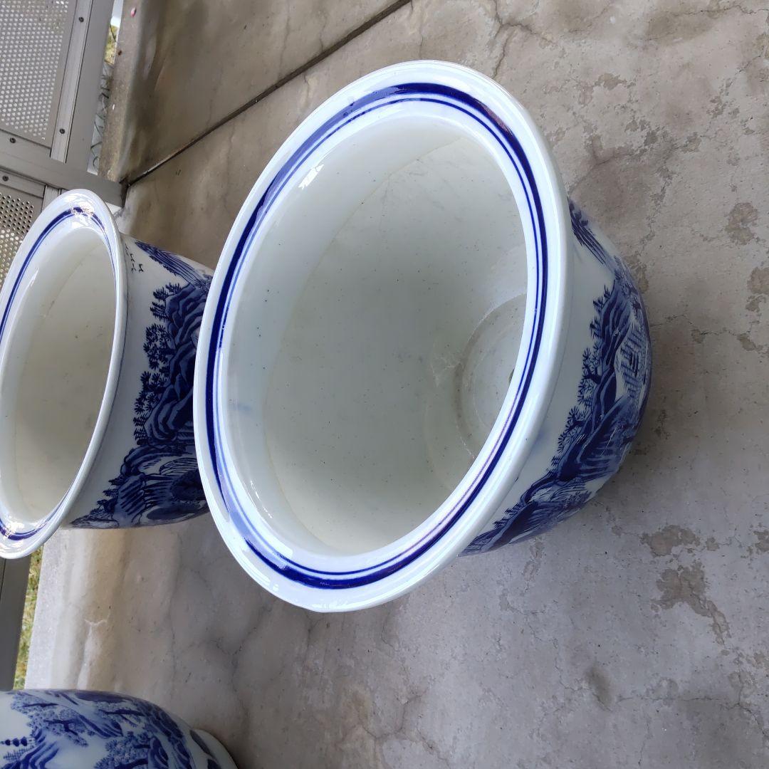 青と白の山水画 陶器植木鉢 6個セット