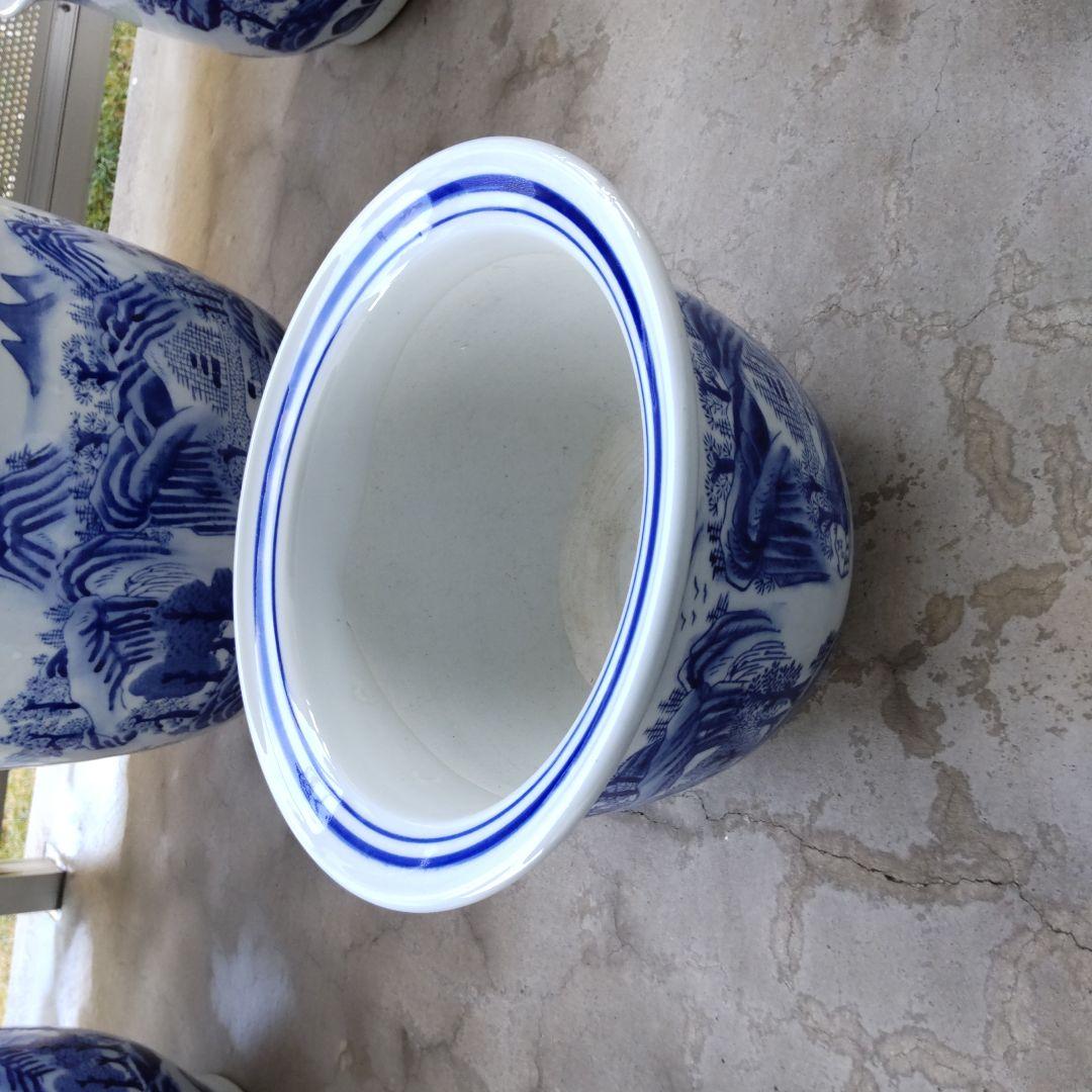 青と白の山水画 陶器植木鉢 6個セット