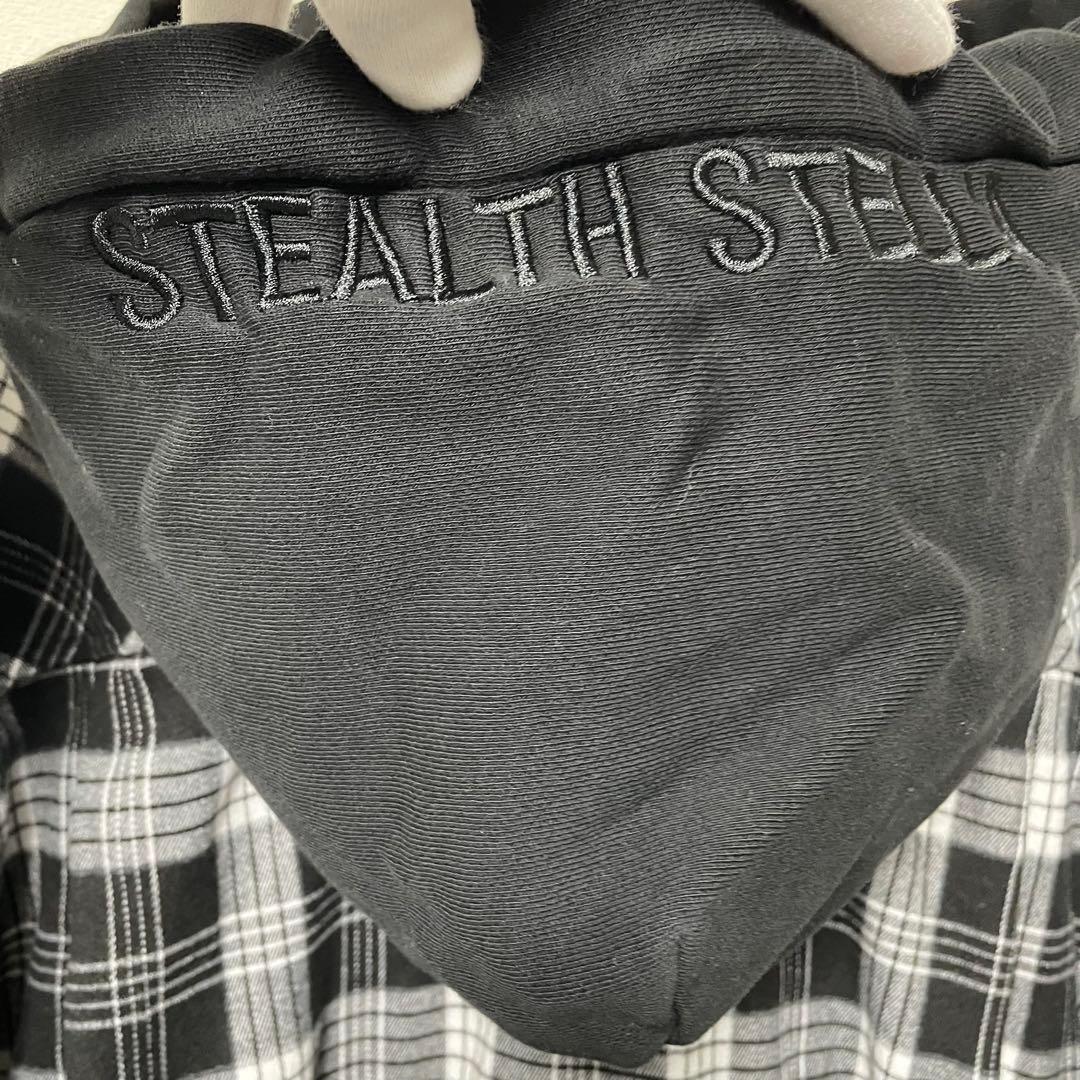 ステルスステラ 異素材ドッキングパーカー チェックシャツ アシンメトリー 黒