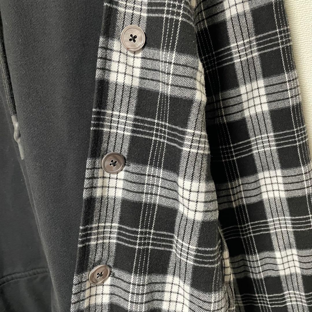 ステルスステラ 異素材ドッキングパーカー チェックシャツ アシンメトリー 黒