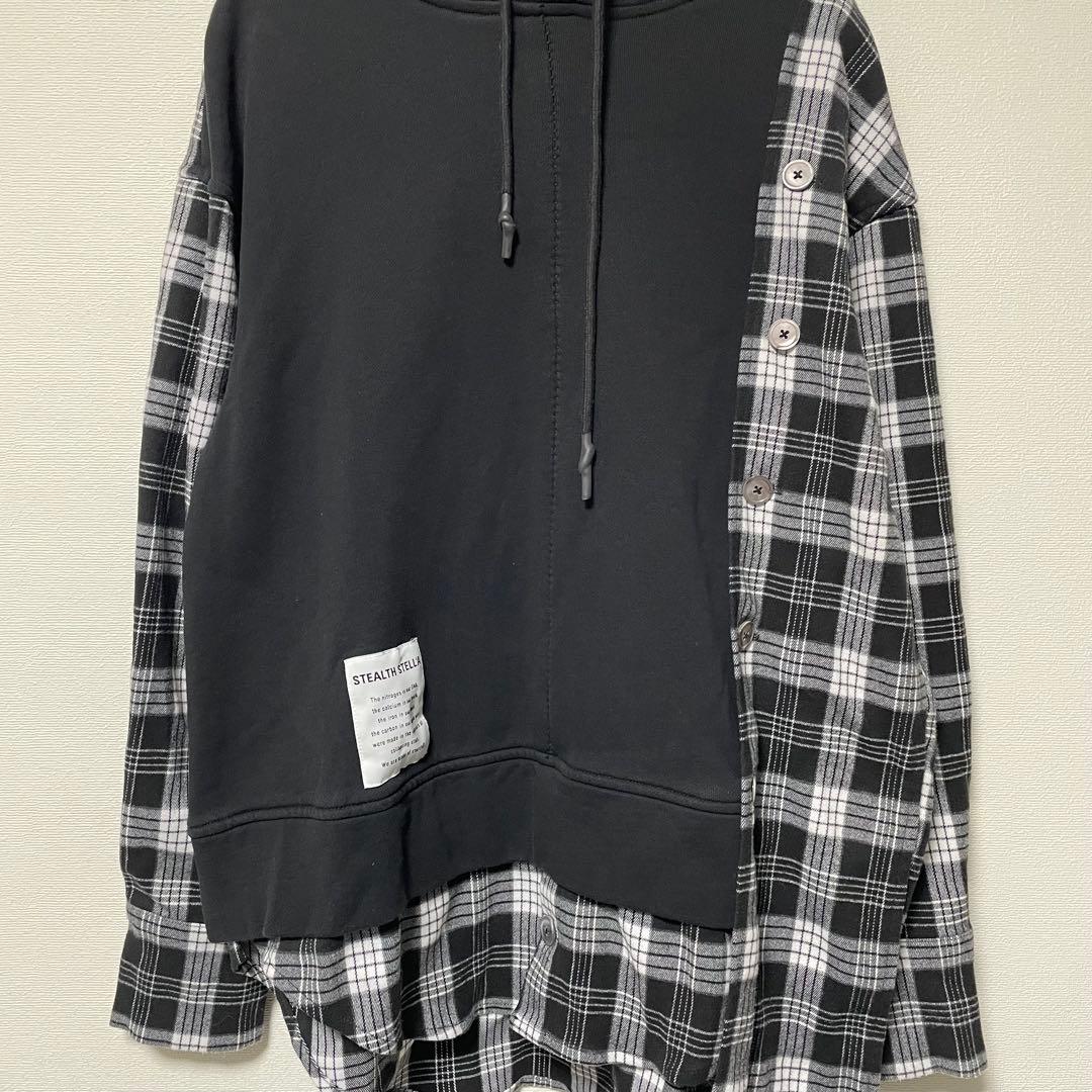 ステルスステラ 異素材ドッキングパーカー チェックシャツ アシンメトリー 黒