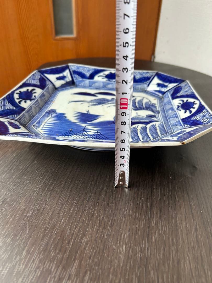 古伊万里 染付 ベロ藍 線描 銘有 隅切り八角皿 山水楼閣 九谷 飾り皿 骨董品