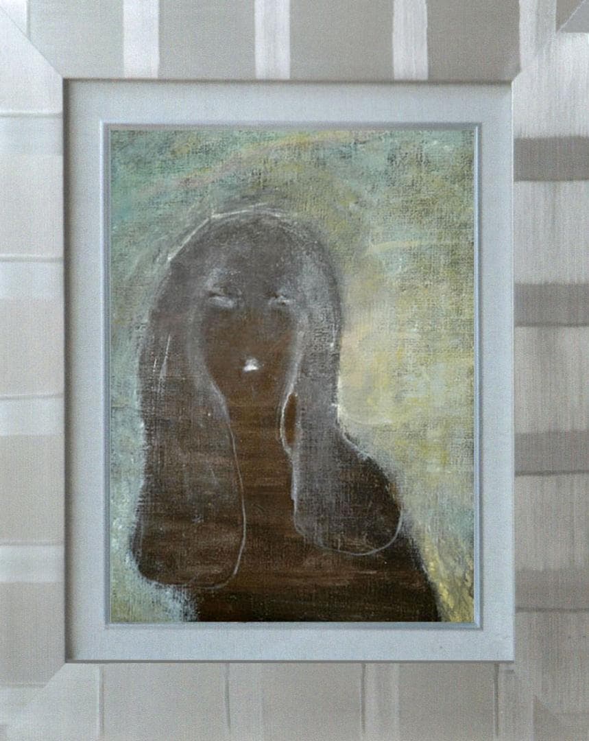 油絵 菅家令子 絵 絵画インテリア額付(青緑＋金色の枠) F4-100512女性