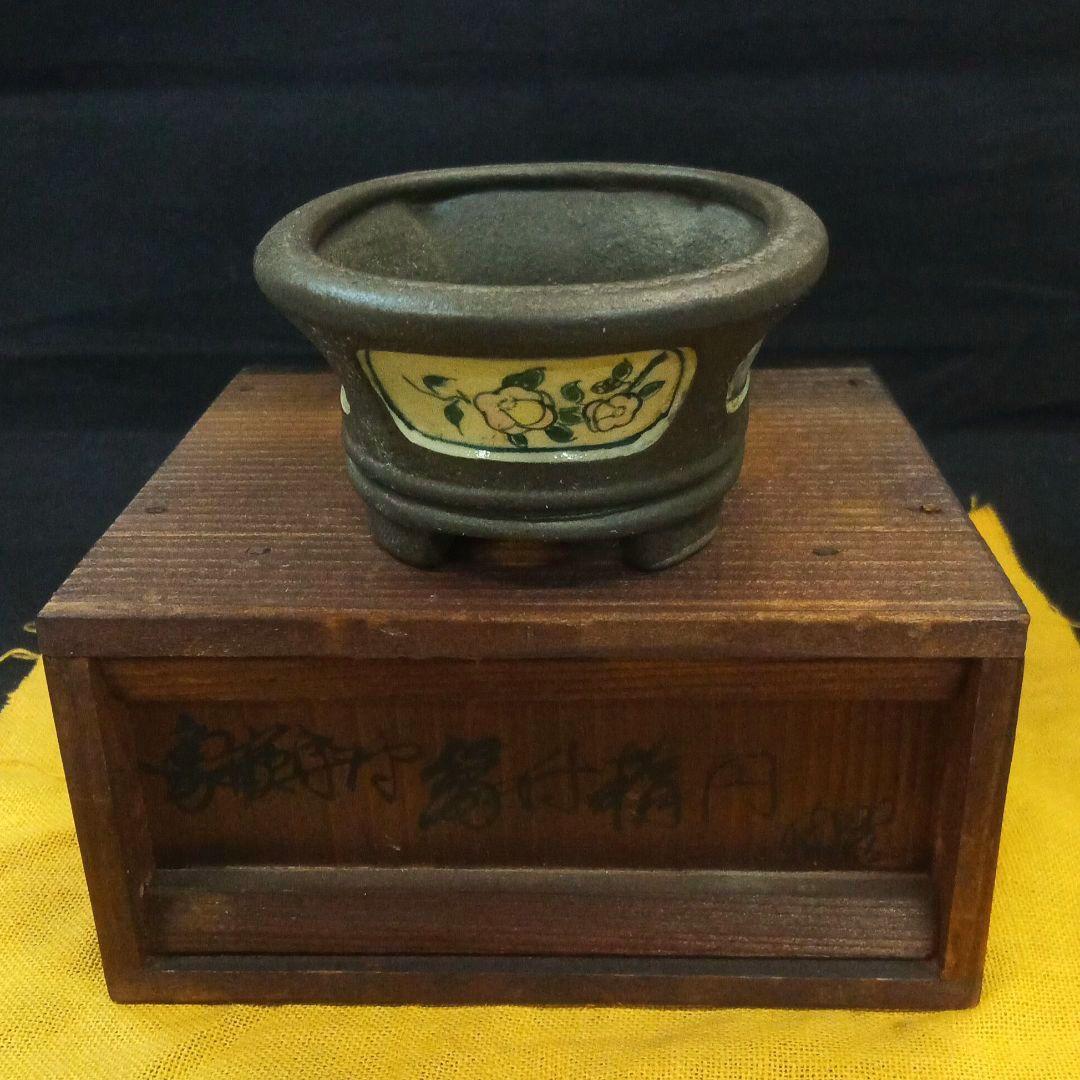 006.【陶翠】象嵌絵付/縁付楕円/盆栽鉢/木箱付き