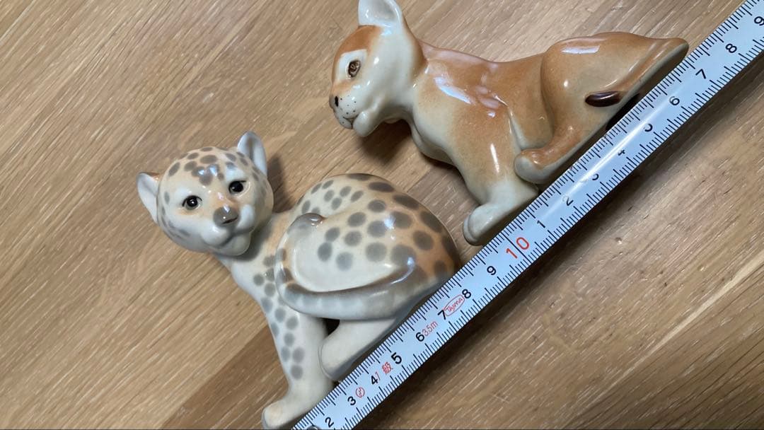 希少　ロモノーソフ　陶器製ヒョウと子ライオンフィギュアセット