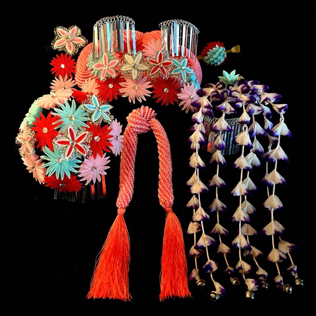 勝山髪飾り 七五三 7歳 (ピンク×赤×水色)