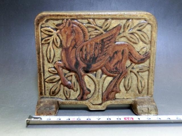 硯屏■唐草馬紋 櫛目 結界 古い陶器 お茶道具 書道道具 骨董品 希少■