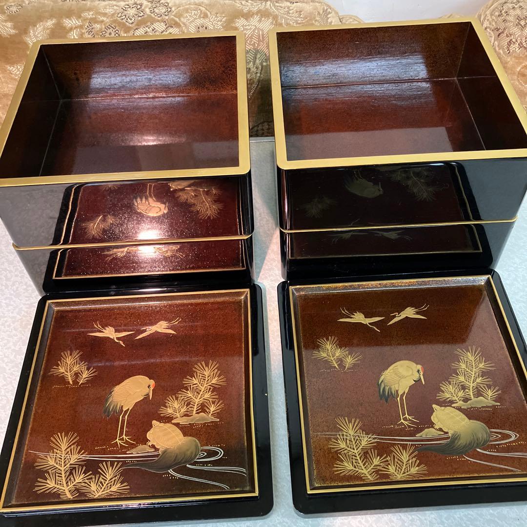 重箱　昭和レトロ　鶴亀　2段重箱　2セット　骨董品　台付