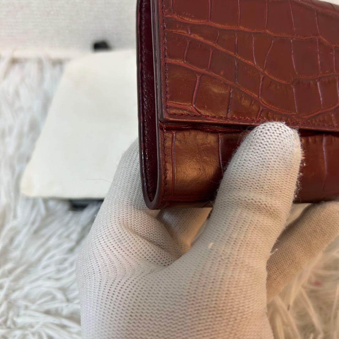 【美品✨クロコ型押し/スモールトリフォールド】セリーヌ　ボルドー　財布　人気　稀