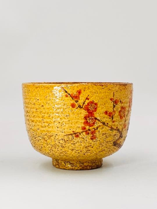 【南口閑粋】紅梅絵茶碗　杣山焼　桐共箱　底部在銘　美品