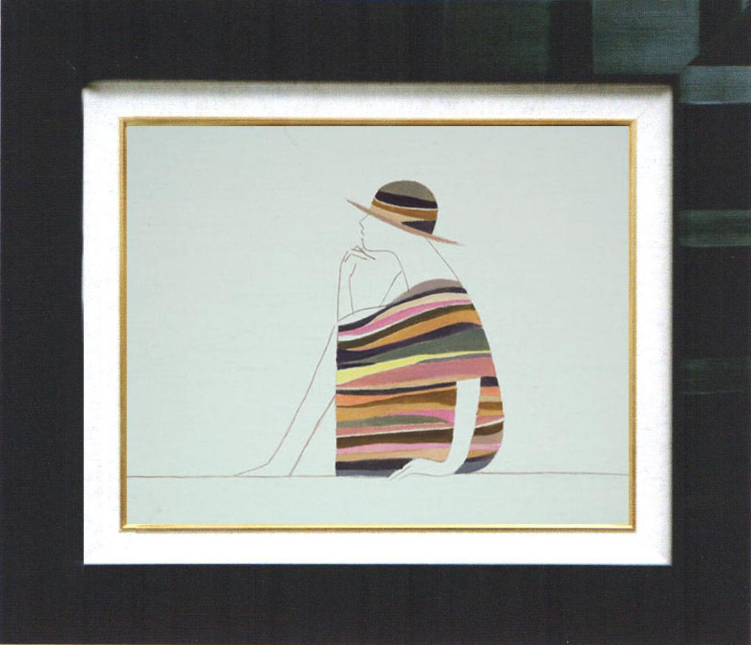 油絵 菅家令子 絵 絵画インテリア 額付(青緑＋金色の枠)F3-041214女性