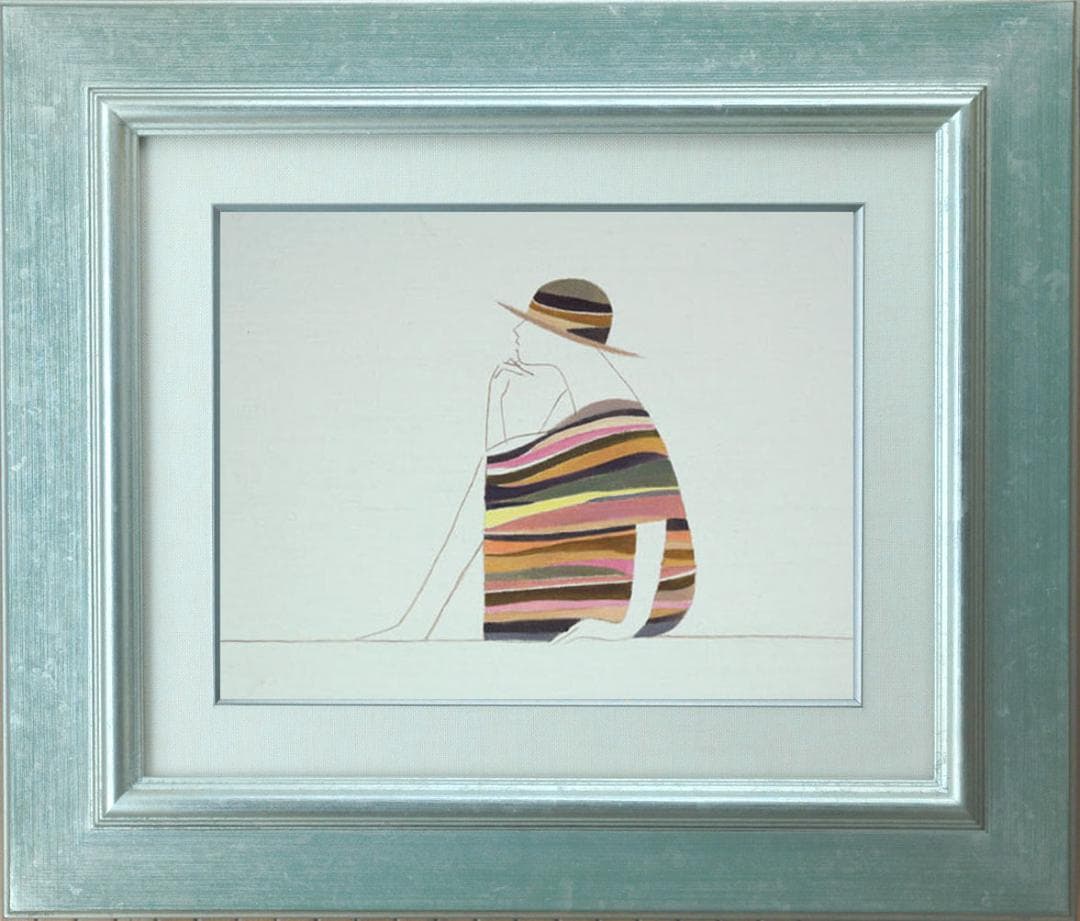 油絵 菅家令子 絵 絵画インテリア 額付(青緑＋金色の枠)F3-041214女性