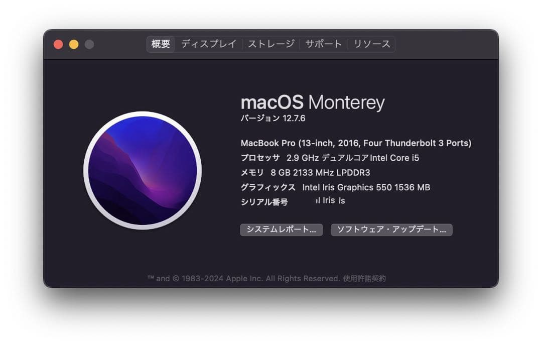 MacBookPro13 2016 TB 4ポート i5 8/256 電池95回