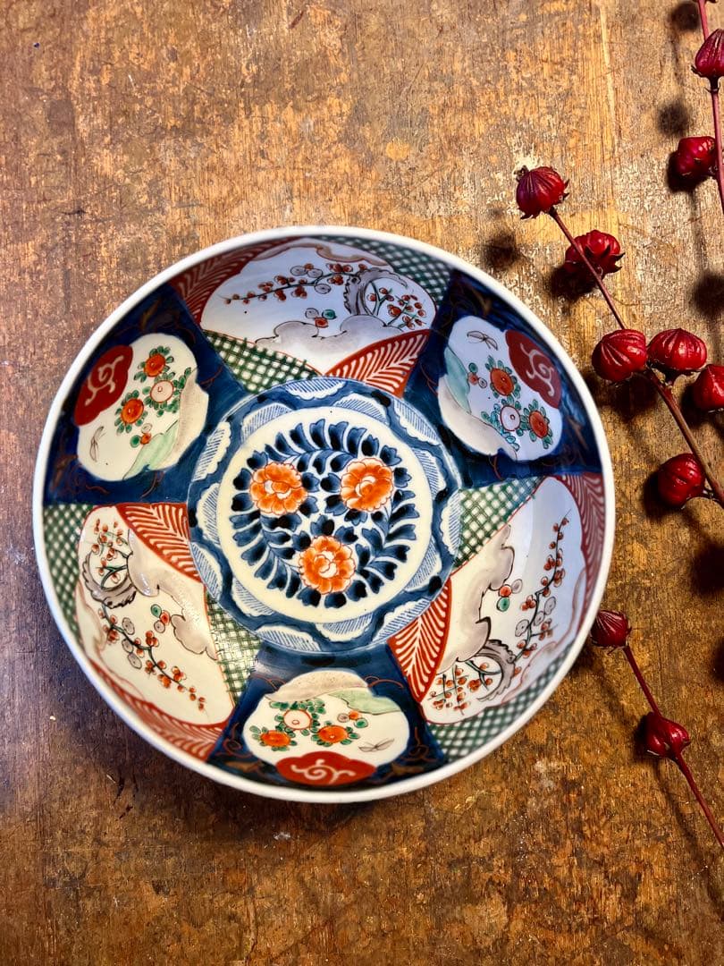 古伊万里　大鉢　色絵　赤絵　染付　二高台　食器　アンティーク　古道具