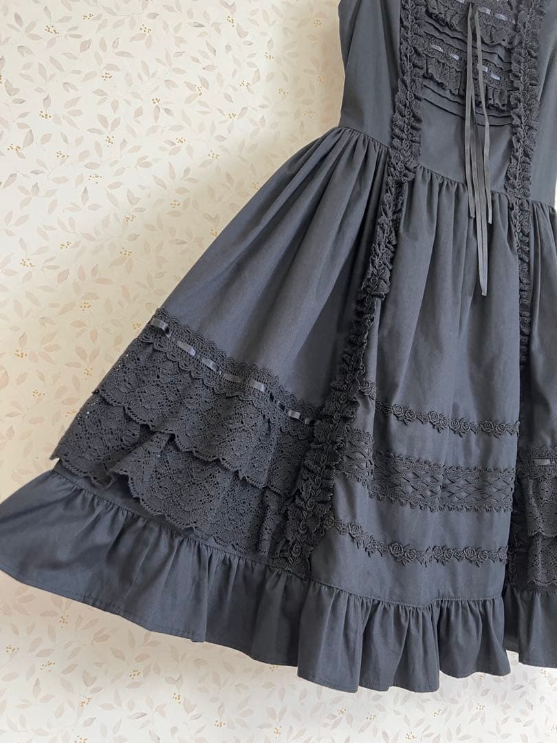 レースフリルジャンパースカート ワンピース 黒×黒 ベイビー ロリィタ jsk