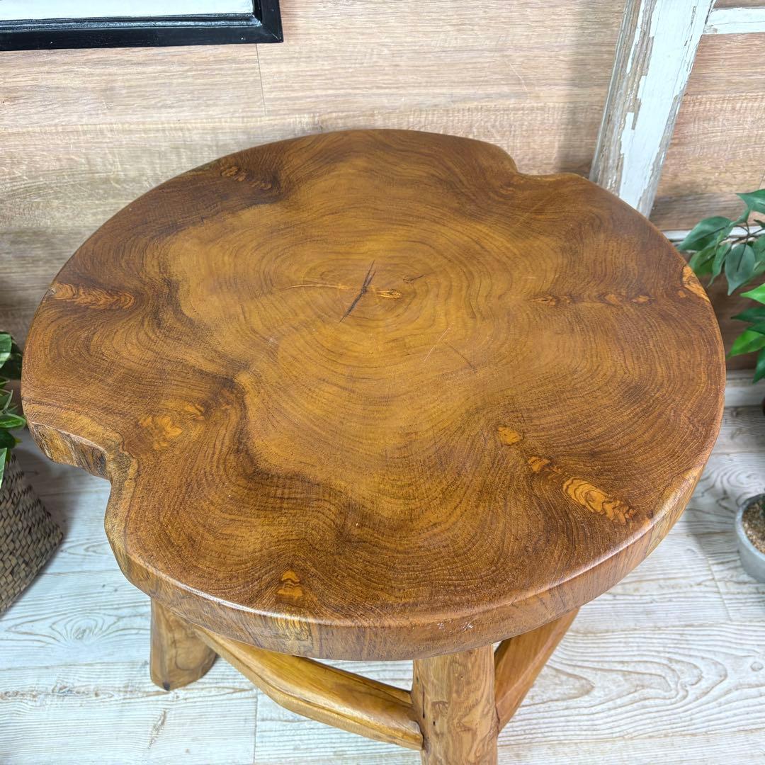 オールドチーク天然無垢材木製創作極太サイドテーブル L（直径54㎝）ウッド飾り台