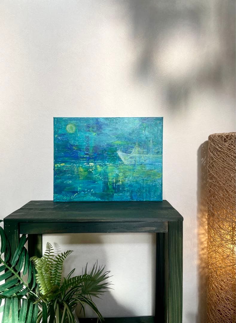 265 抽象画 アクリル画 原画 キャンバスボード F6 満月と哀愁の漁船