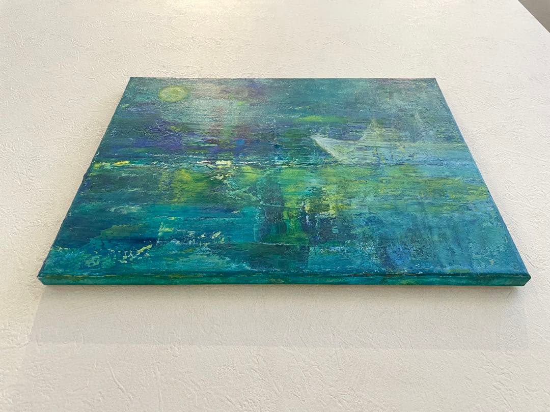 265 抽象画 アクリル画 原画 キャンバスボード F6 満月と哀愁の漁船