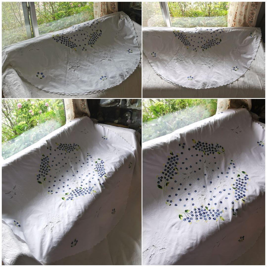 アンティークフランス 青と黄の小花刺繍 忘れな草 オープンカットワーク大判クロス