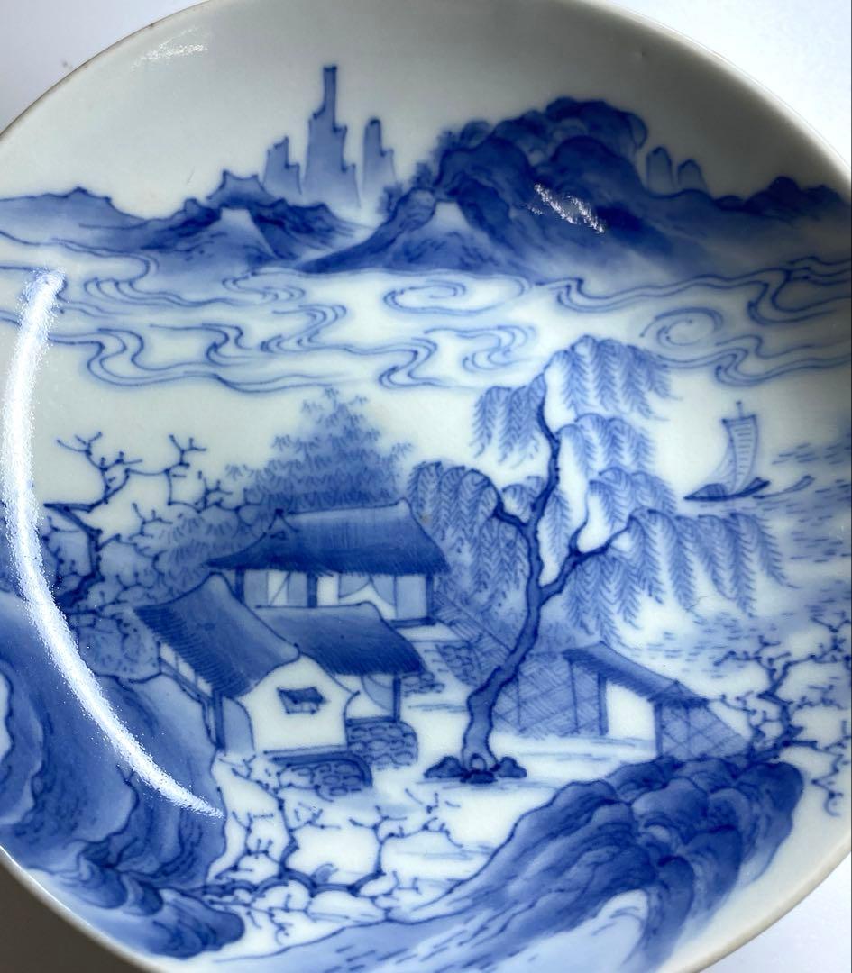 江戸中後期　極上手鍋島焼染付山水風景画皿　木箱付　本Y7-0331☆1Fタニト