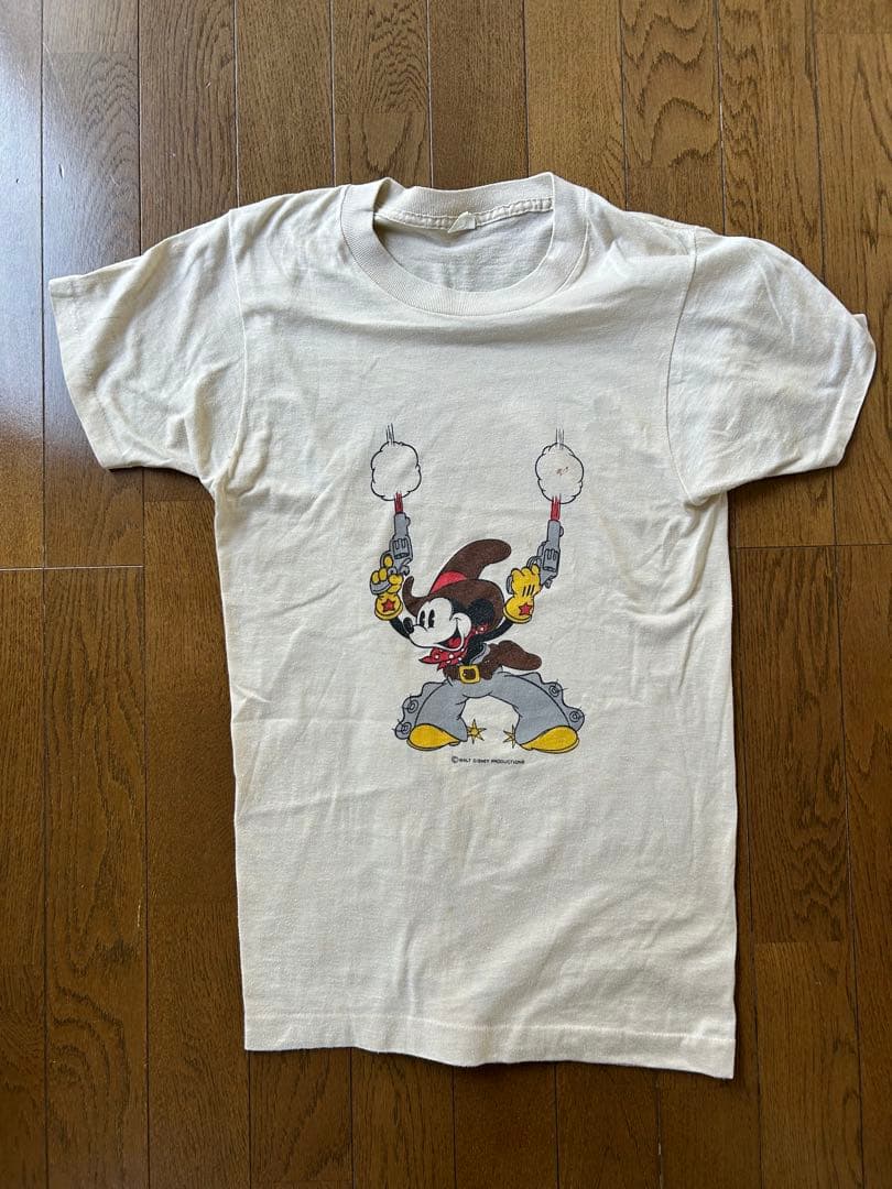 70sミッキー ウエスタン　Tシャツ　ベージュ　Mサイズ相当