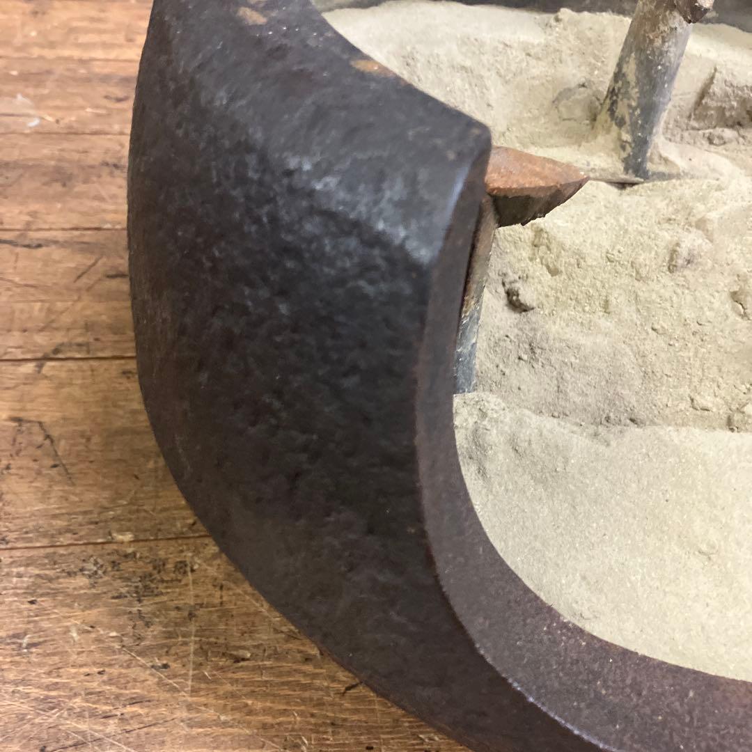 D-壁 昭和レトロ 茶道具 鉄製 風炉釜 丸型 共箱付き 釜環付き 骨董 古美術