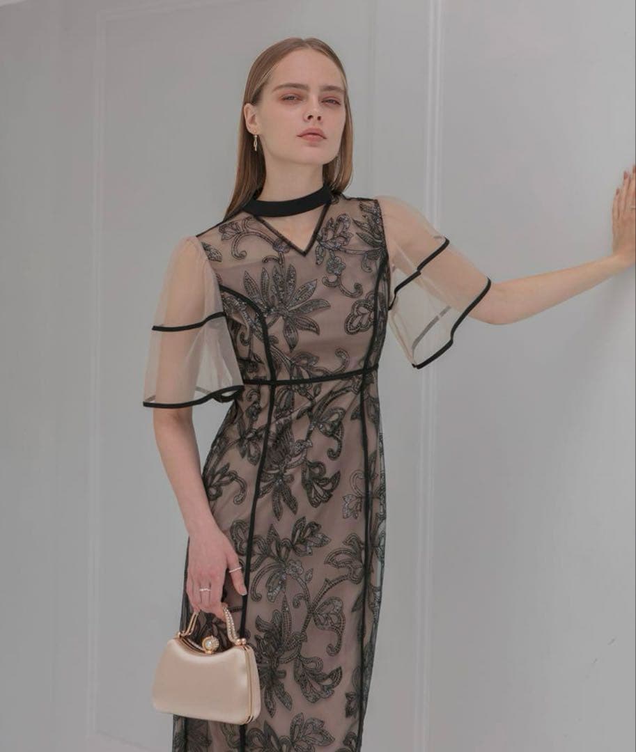 スパンコールフラワーIラインワンピースドレス結婚式パーティー成人式二次会デート