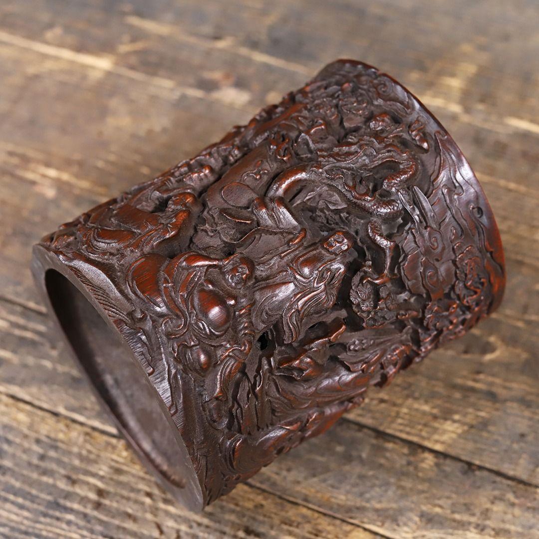 竹 彫刻 十八羅漢 筆箱 置物