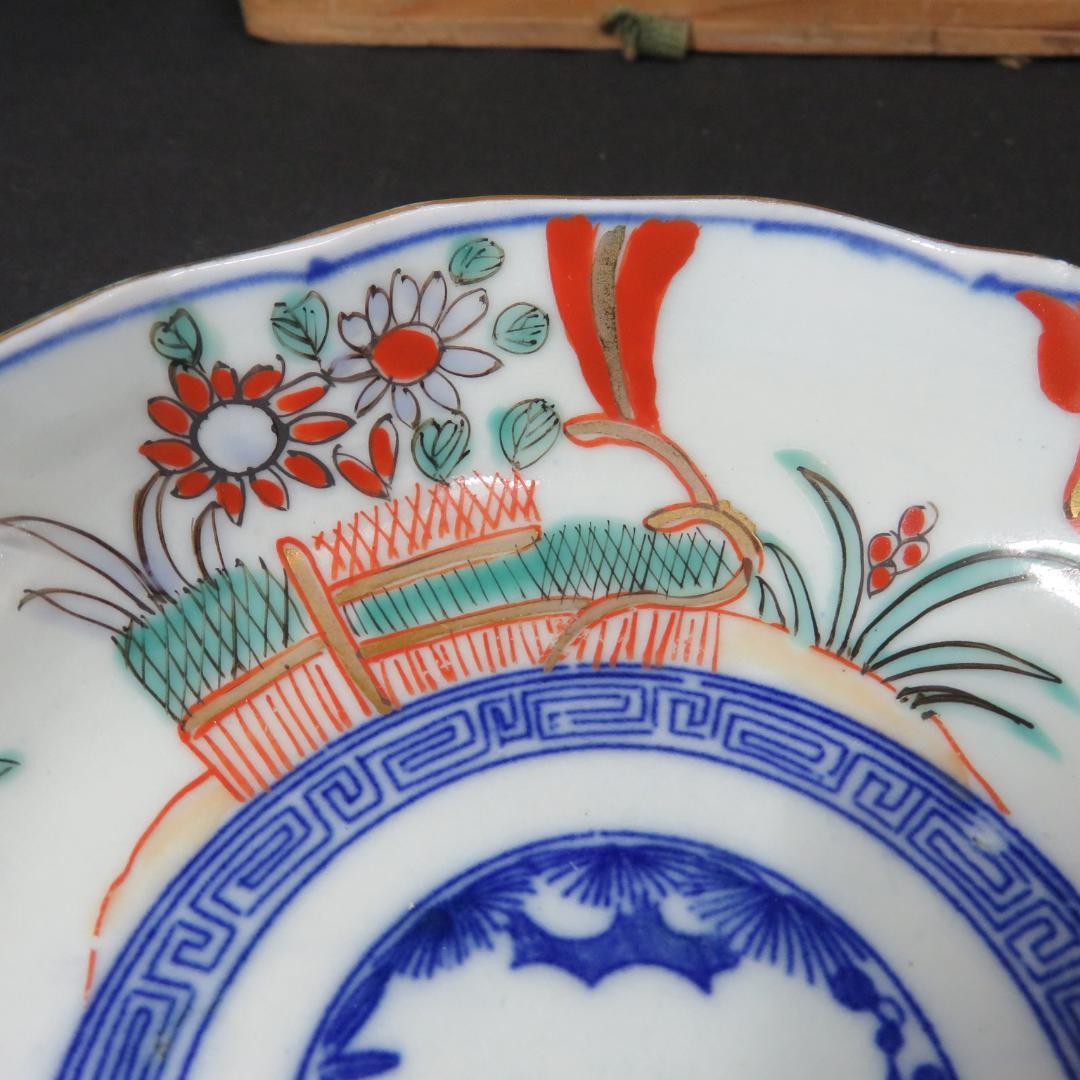 なます皿 5客 松竹梅 色絵付 見込印判 唐草 花文様 明治 木箱