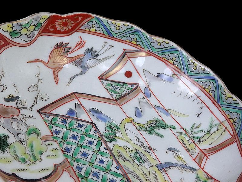 古伊万里　色絵　屏風図に双鶴の図　膾皿　５枚　D299AS-fbty