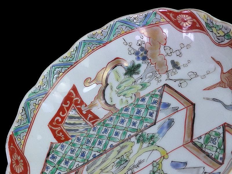 古伊万里　色絵　屏風図に双鶴の図　膾皿　５枚　D299AS-fbty