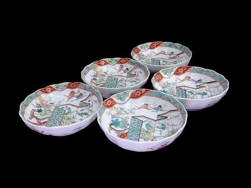 古伊万里　色絵　屏風図に双鶴の図　膾皿　５枚　D299AS-fbty